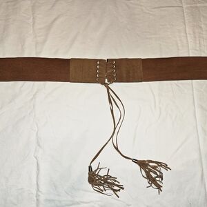 Boho Stretch Waist Belt Brown Elastic Faux Leather Lace Up Tassel Size M